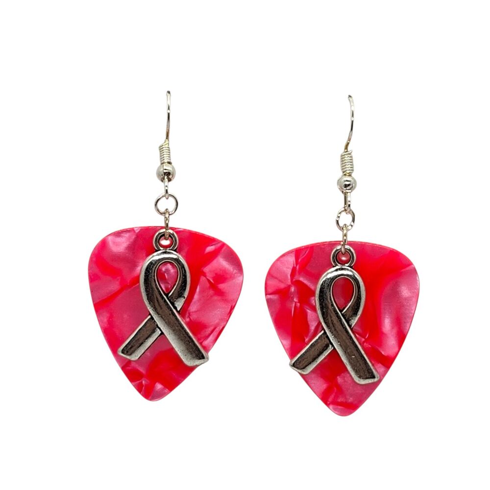 Cancer Aware Lg Ribbon Charm Guitar Pick Earrings - Choose Color - Handmade USA